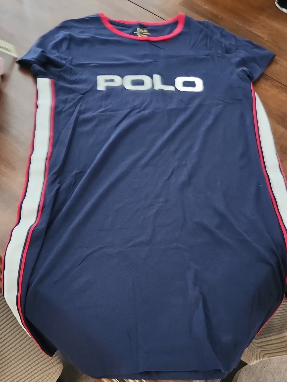 Polo by Ralph Lauren Navy Midi Dress with White Side Stripes and Red Trim